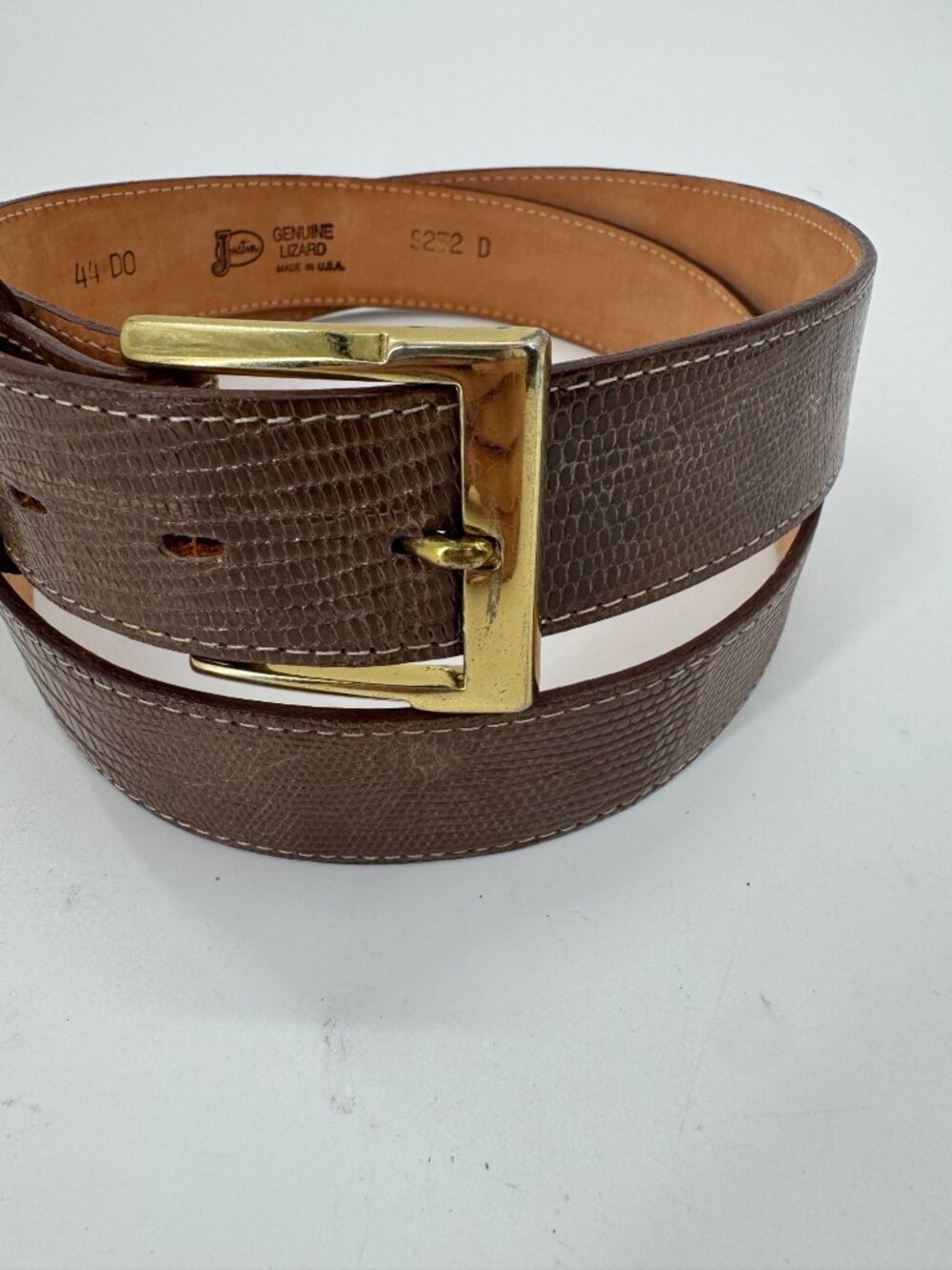 Justin Mens Genuine Lizard Leather Belt Brown Size 44 With Gold-Tone Buckle Made - Picture 2 of 8